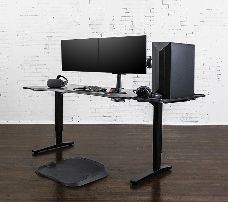UPLIFT Gaming Desk with Black 60x30 Eco Desktop, Black V2 Frame, Zilker Dual Monitor Arm, Desk Extension, and E7 Active Mat