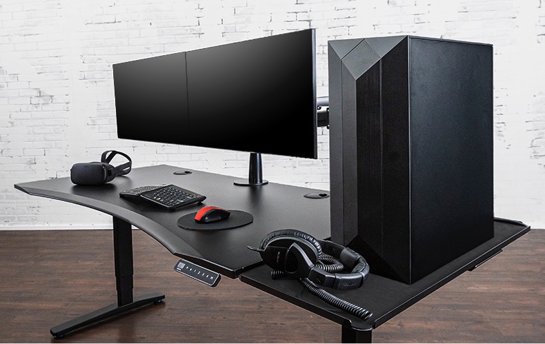 UPLIFT Gaming Desk with Black 60x30 Eco Desktop, Black V2 Frame, Zilker Dual Monitor Arm, and Desk Extension