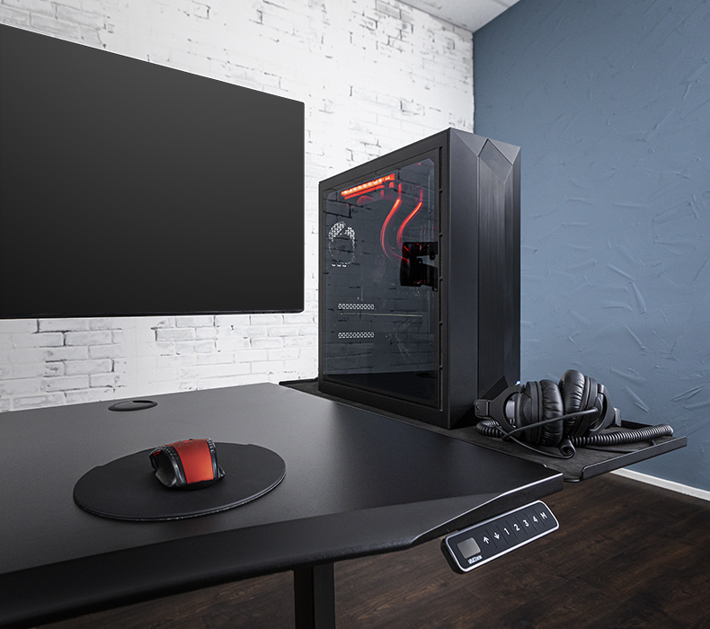 UPLIFT Gaming Desk with Black 60x30 Eco Desktop, Black V2 Frame, Zilker Dual Monitor Arm, and Desk Extension